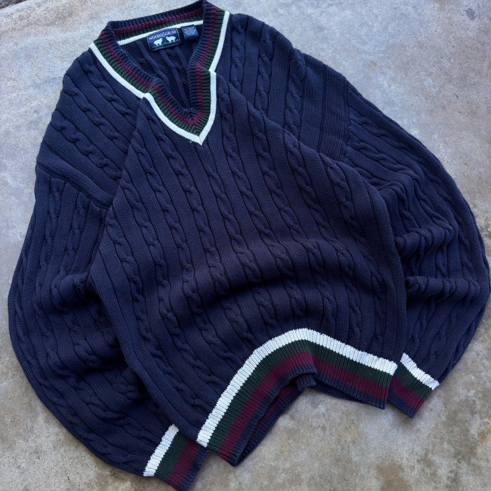 Vintage 90s Woods & Gray Cable Knit Sweater Collegiate Preppy Navy XL (j4)